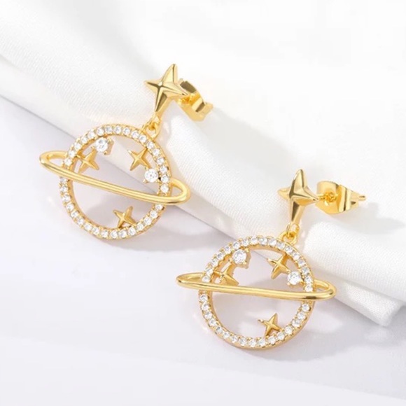 Jewelry - Crystal Planet Saturn and Gold Stars Dangle Earrings